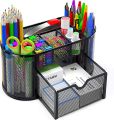 Desk Organizer Mesh Desktop Office Supplies Multi-functional Caddy Pen Holder Stationery with 8 Compartments and 1 Drawer for Office, Home, School, Classroom by Pipishell.
