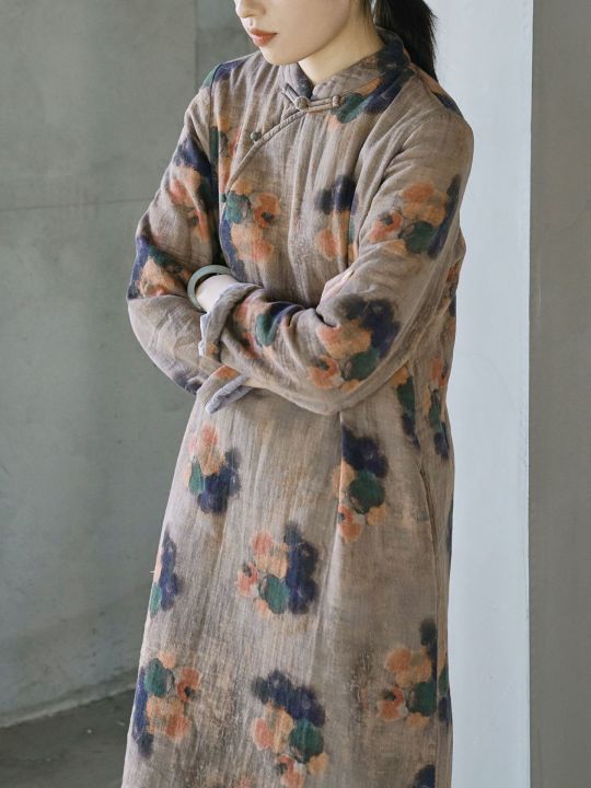 Original women's clothing new Chinese diagonal placket digital printing padded long cheongsam Republic of China winter warm long cotton coat L23269
