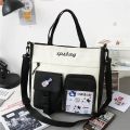 Canvas Woman Handbag Spans Large Capacity Collapsible Student Cute Sticker Tote Bag Zipper Tote Bag Shopping Bag Book Bag Girl. 