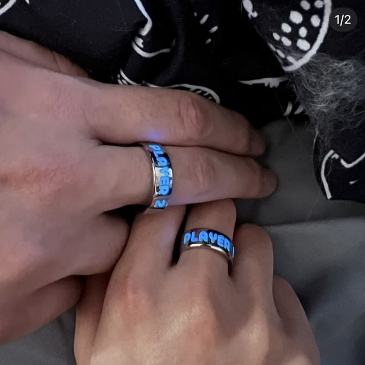 Luminous Couple Rings Glowing in the Dark Player 1 Player 2 Matching Ring for Girlfriend Boyfriend Valentine's Day Gaming Gifts