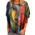 Women Blouse Round Neck Abstract Face Print Long Sleeve Blouse. 