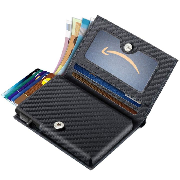 Carbon Fiber Leather Business Metal Aluminum Wallet for Men RFID Blocking 100% Genuine Leather Slim Pop Up Card Holders