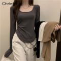 CHRLEISURE Women Irregular T-Shirts Long Sleeve Casual Spring Autumn Solid Crop Tops Square Neck Fashion Slim Tees Shirts New.