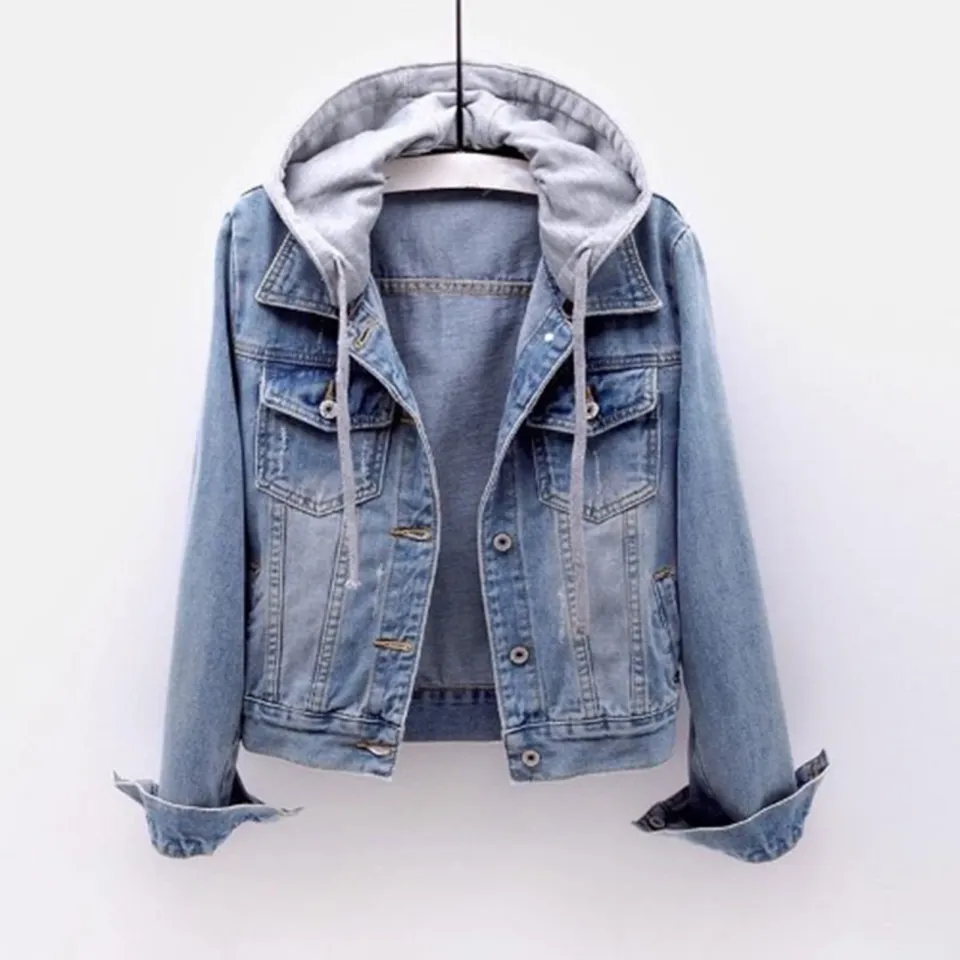 Women Hoodie Turndown Collar Women Short Slim Denim Jacket Daraz .bd