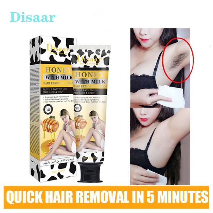 DISAAR Honey With Milk Hair Removal Cream 100ml -Hair Removal Cream 24k Gold Essence Collagen Argan Oil 3 Minutes Quick & Easy To Use Face Body Legs Depilating Moisturizing 100ml/3.38fl.oz (Honey With Milk)