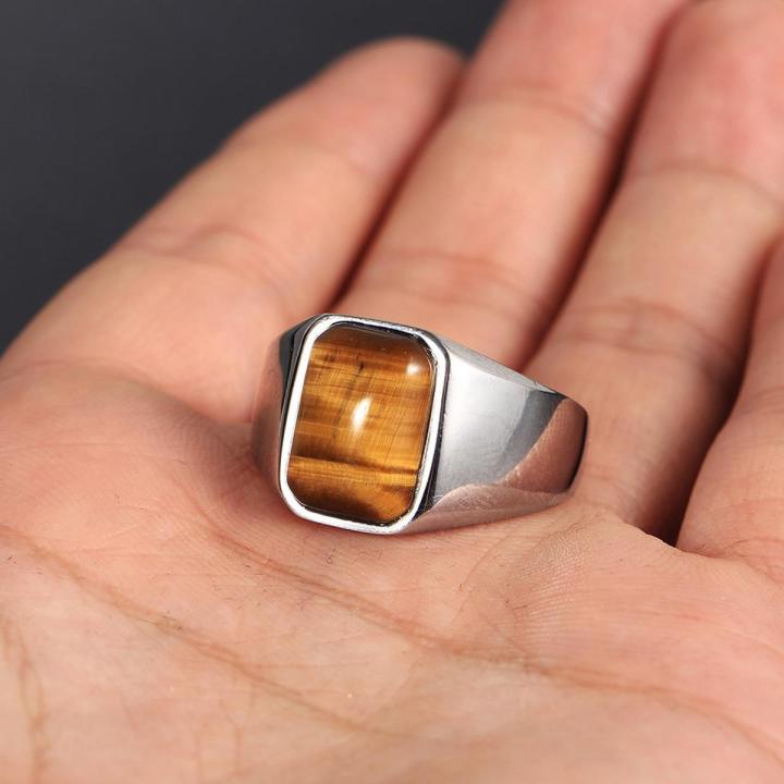 Gents Solid Sterling Silver Natural Tigers Eye Mens - Ring For Men