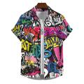 Hawaiian Shirt Short-Sleeved Shirt Men's Lapel Button-Down Shirt Graffiti Print Clothing Street Casual Loose Clothes 2024Fashion.