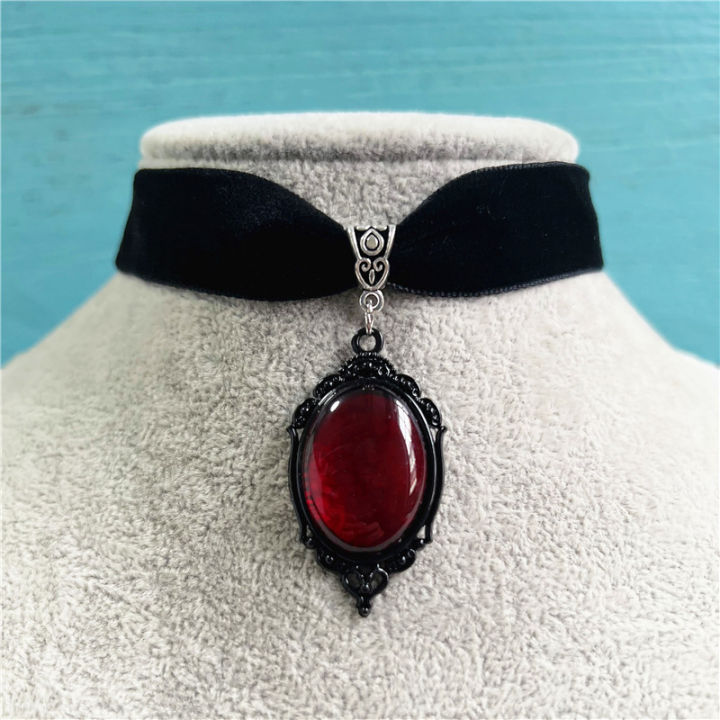 Gothic Vampire Pendant Choker Necklace Red Crystal Velvet Chain for Women and Girls