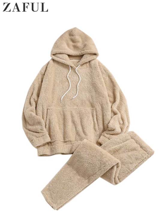 ZAFUL Men's Hoodie Outfit Solid Fluffy Fleece Sweatshirts with Trouser Two Piece Set Fall Winter Streetwear Hooded Hoodie Suits