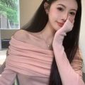 Idle Style off-Shoulder Collarbone Knitted Sweater Spring Gentle Slim Fit Slimming Thin Long Sleeve Bottoming Shirt Top. 