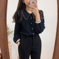 Retro Peter Pan Collar Long-Sleeved Shirt for Women Spring and Autumn New Preppy Style Loose All-Match Student Western Style Very Fairy Blouse. 