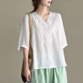 plus Size Women's Clothing New Retro Machine Embroidery Cotton Top Loose V Collar Half Sleeve Shirt Women's Shirt Pullover. 
