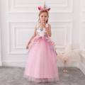 Girls Rainbow Unicorn Dress Flower Ruffle Tulle Tutu Princess Cosplay Dress Up Elegant Wedding Birthday Long Party Gown with Headband Sleeveless Fancy Costume.