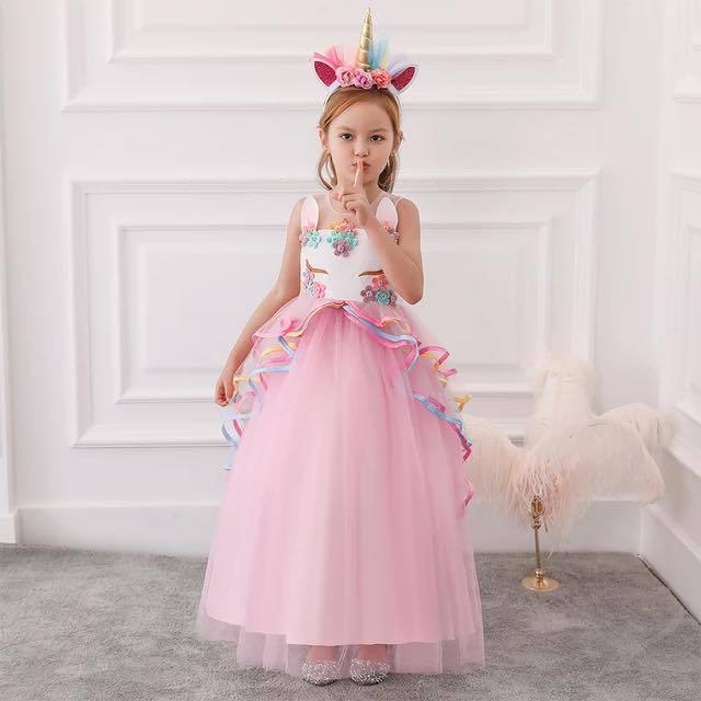 Girls Rainbow Unicorn Dress Flower Ruffle Tulle Tutu Princess Cosplay Dress Up Elegant Wedding Birthday Long Party Gown with Headband Sleeveless Fancy Costume