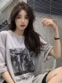 Gray Split T T-shirt Women's Short-Sleeved American Retro Design Niche Chic Top Women's Summer 2023 New half sleeve.