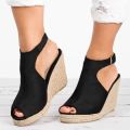 Cross border cut-out buckle cross-border wedge sandals European and American style suede fish mouth plus size sandals cutout hemp sole women's shoes.
