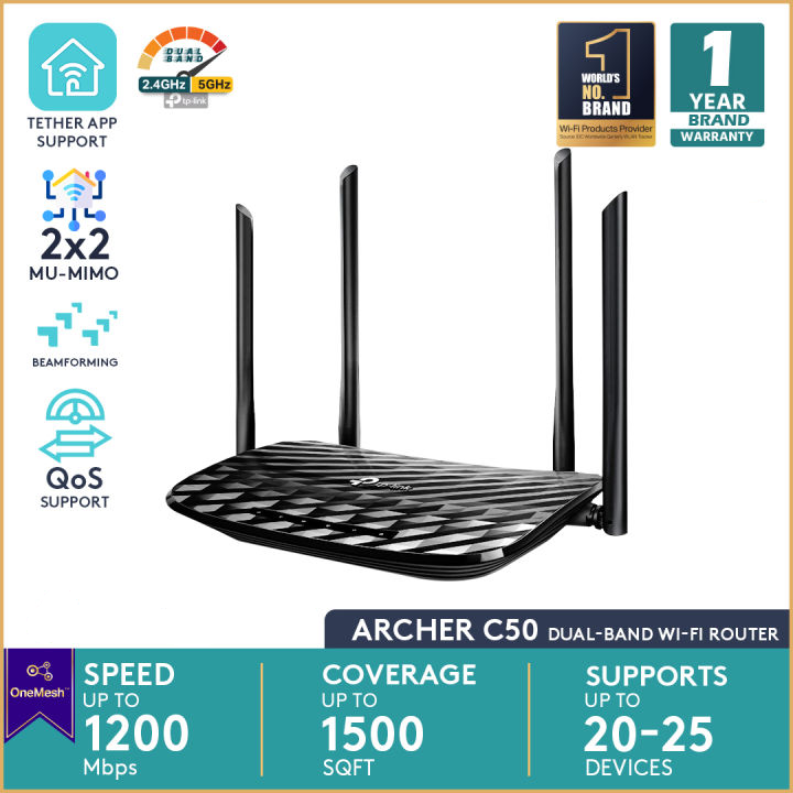 TP-Link Archer C50 Black AC1200 Wi-Fi Dual Band Router, 4 x 10/100 Mbps Fast Ethernet Ports, Supports MU-MIMO, Beamforming, Guest WiFi, Access Point Mode, IPv6 and Parental Controls