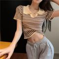 Stripes T Women's Summer Thin T-shirt Polo Collar T-shirt Shory Style High Waist Navel-Exposed Design Sense Niche Knitted Hot Girl Top. 