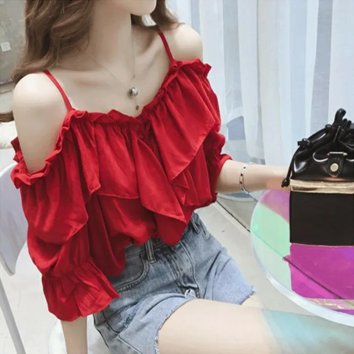 Off-Neck%20Sling%20Shirt%20Ruffled%20off-Shoulder%20Top%20Trendy%20Loose2023Summer%20New%20Women's%20Korean%20Style%20Slimming%20-%20Image%205