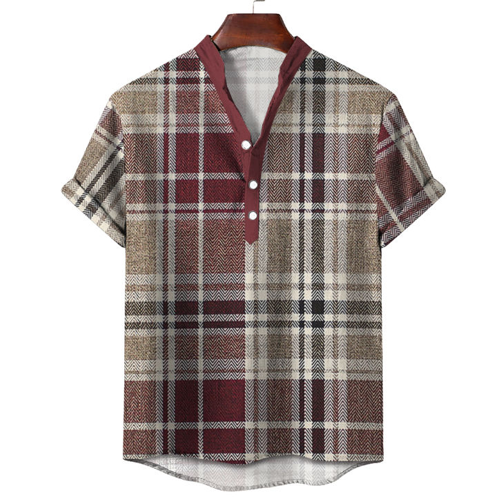 Vintage%20Men's%20Shirts%20Ethnic%20Style%20Printing%20Lattice%20Casual%20Streetwear%20Stand%20Collar%20Short%20Sleeve%20Loose%20Hawaiian%20Shirt%20Mens%20Summer%20-%20Image%205