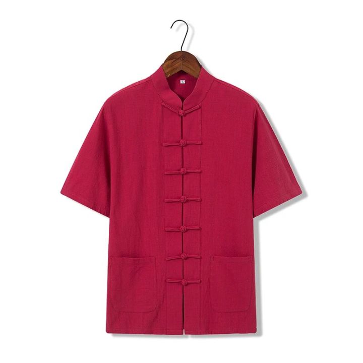 New cotton linen shirt Tang suit one word button short sleeve hirt Chinese style men Tops Male loose casual Kung fu outfit shirt