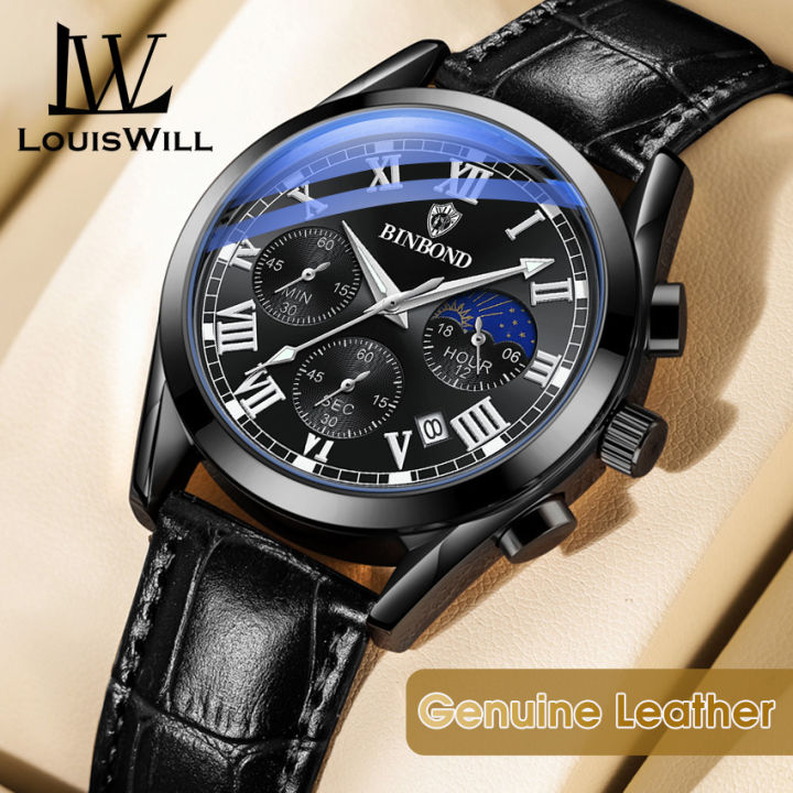 LouisWill Men's Casual Fashion Quartz Watches Leather Strap 3ATM Waterproof - Business Wristwatches