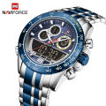 NAVIFORCE NF9188 Men's Stainless Steel Luxury Fashionable Classic Dual Time Wrist Watch For Men-Silver and Royal Blue. 