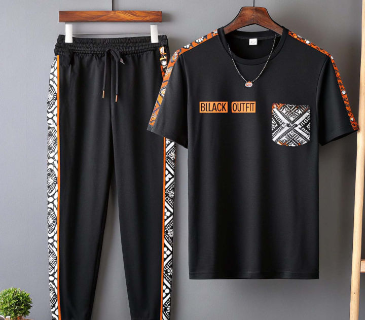 Drop Shoulder Black OUTFITE Style Mash T-Shirt and Trouser Combo for Men - Soft fabric and comfortable