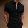 Men's polo shirt solid color short-sleeved zipper lapel T-shirt casual top.