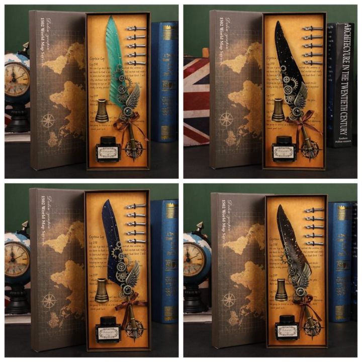 Fashion Punk Style Quill Fountain Pen Writing Set Mechanical Creative Dip Pen Multicolor Vintage Writing Ink Set Student