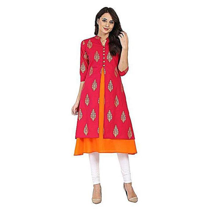 Magenta and Orange Block Printed Cotton Casual Kurti for Women (Tailor Made)
