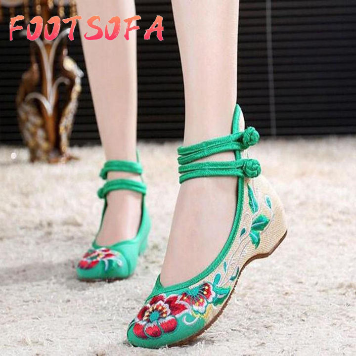 Womens Ladies Girls Korean Sandals for Women Women Embroidered Shoes High To Help Increase Ankle Double Strap Canvas Shoes Women Casual Flat Shoes Fashion Shoes Work
