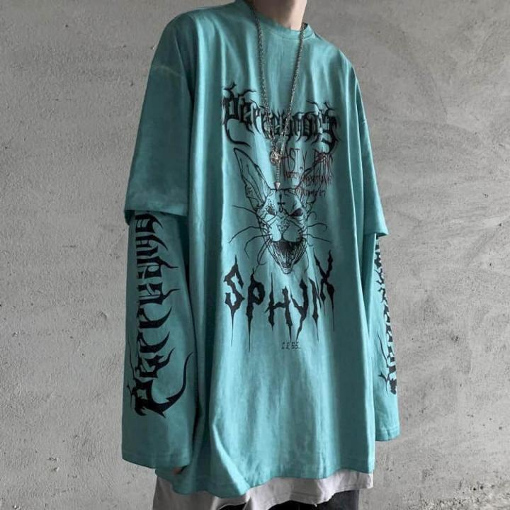 T-shirt Cross of Ts fake two-piece for men women long-sleeved dark -hop loose large size autumn trend top Simplicity