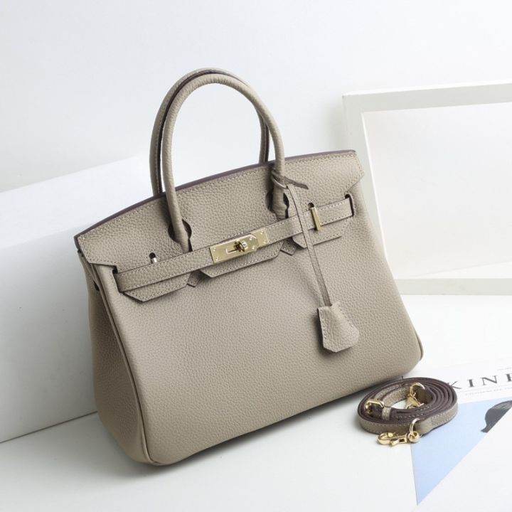 New Large Capacity Lychee Pattern Kelly Birkin Bag Cattlehide Leather Surface Fashion All-Match Trendy One-Shoulder Handbag