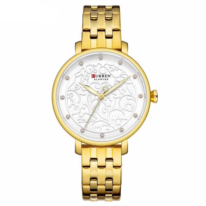 CURREN 9046 Golden Stainless Steel Analog Watch For Women - White & Golden