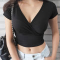 BIGSWEETY Deep V Neck Tops For Women Summer Casual Short Sleeve Slim Fitted Bodycon Wrap Crop Tops T Shirts Blouse.