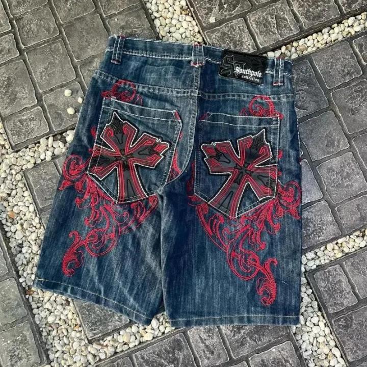 2024 Summer New Harajuku Vintage Hip-hop Cross Printed Baggy Denim Shorts Men's Y2K Gothic Rock Fashion Short Jeans Street Wear