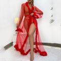 Women Robe Long Nightgown Bathrobe Sleepwear Feather Bridal Robe Lace Lingerie Night Wear Bathrobes Mesh Sheer See Through Robe.