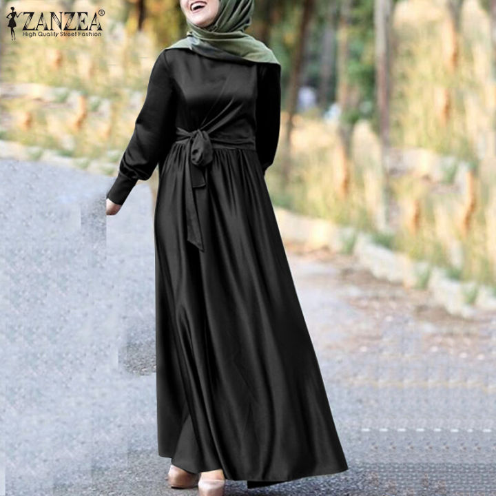 ZANZEA%20Muslimah%20Women%20Muslim%20Long%20Sleeve%20Satin%20Silky%20Evening%20Bowknot%20Waist%20Dancing%20Maxi%20Dress%20-%20Image%203