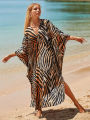 Summer Tiger Striped Print Bat Sleeves Side Split Beach Dress Plus Size Kaftan Swimsuit Bikini Cover-ups Women Beach Wear House Foocus. 