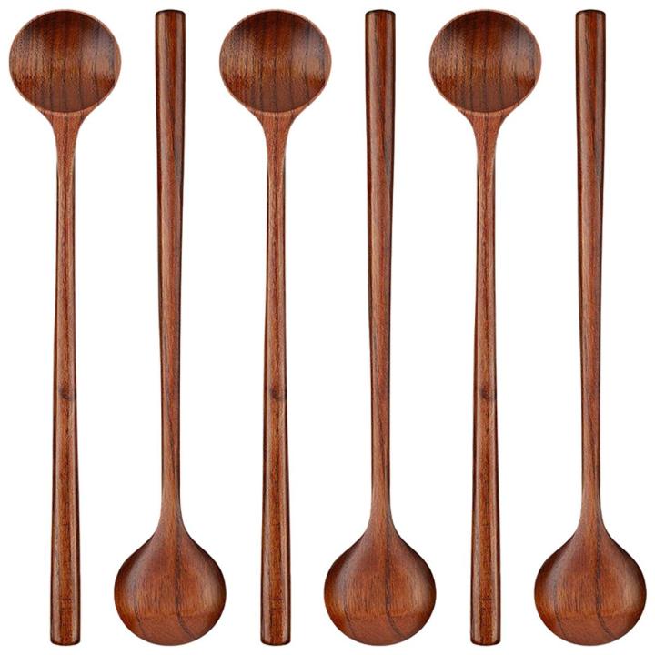 6 Pieces Wooden Long Spoons Long Handle Round Spoons Korean Style Soup Spoons for Soup Cooking Mixing Stirring Kitchen