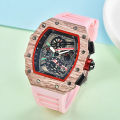 Richard sports hollowed out watch barrel shaped wood grain flower ghost head timing six needle quartz watch alloy silicon tape.