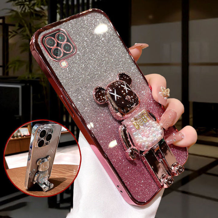 For Huawei Nova 7 / Nova 7 SE / Nova 7i Casing case with Cartoon 3D Bear Stand Luxury Slim Gradient Plating Glitter Girls Stylish Back Cover Clear Soft Silicone Protective Cases Pouch
