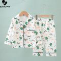Kids Summer Thin Pajamas Sets New 2023 Boys Girls Cotton Linen Cartoon Long Sleeve Lapel Shirt Tops with Pants Baby Home Wear.