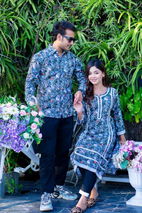 Ready Made Mix-Cotton Viral Couple Set/Matching Dress/Traditionally Dress/ Fashionable Long Salwar Kameez/ Full Sleves Shirt For Stylish Woman / Man (2pis)