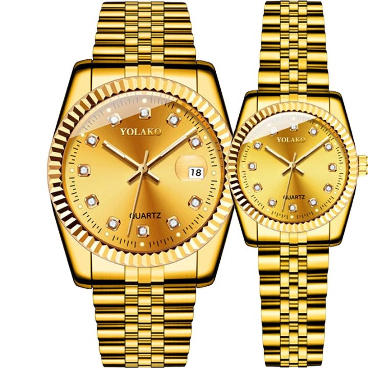 YOLAKO Couple Men's Women's Steel Band Watch Glow Calendar Diamond Scale Gold Business Men Watch Women Bracelet Wristwatches