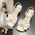 Women's French-Style High Heel Sandals23New Fairy Style Bow Chunky Heel Open Toe Sandals Fashion All-Match. 
