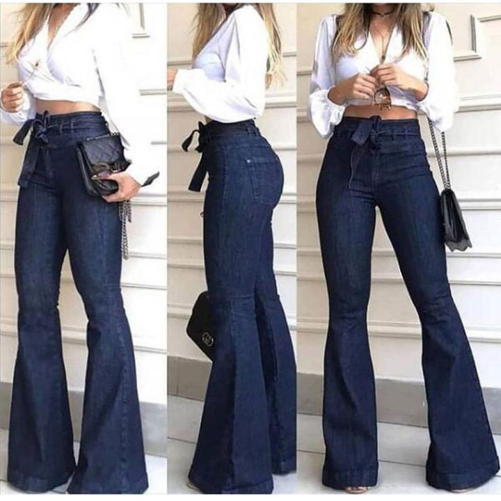 RL09# South American foreign trade jeans Cross-border new high-waisted micro stretch lace-up flared pants, wide-leg pants, jeans women