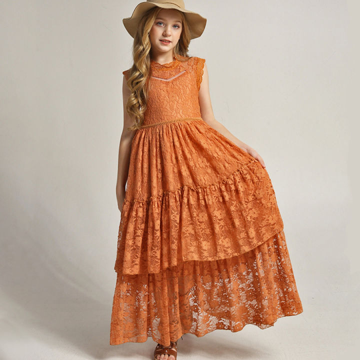GC Girls Short Sleeve Lace Applique Dresses Casual Zipper Solid Color Long Skirts Summer Maxi Dress For Ceremony
