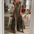 Women Floral Print Casual Dress Summer Elegant V-neck Pleated Vintage Bohemian Maxi Dresses Female Big Swing Holiday Long Dress. 